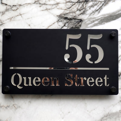 Personalised Mirror House Sign with Silver Laser Cut Text | 280mm x 160mm | Made from 3mm Black Acrylic