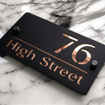 Personalised Mirror House Sign with Rose Gold Laser Cut Text | 200mm x 130mm | Made from 3mm Black Acrylic