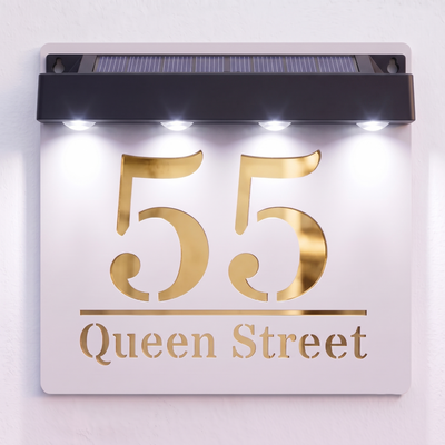 Personalised Solar Powered House Sign | 180mm x 180mm | White with Mirror Text