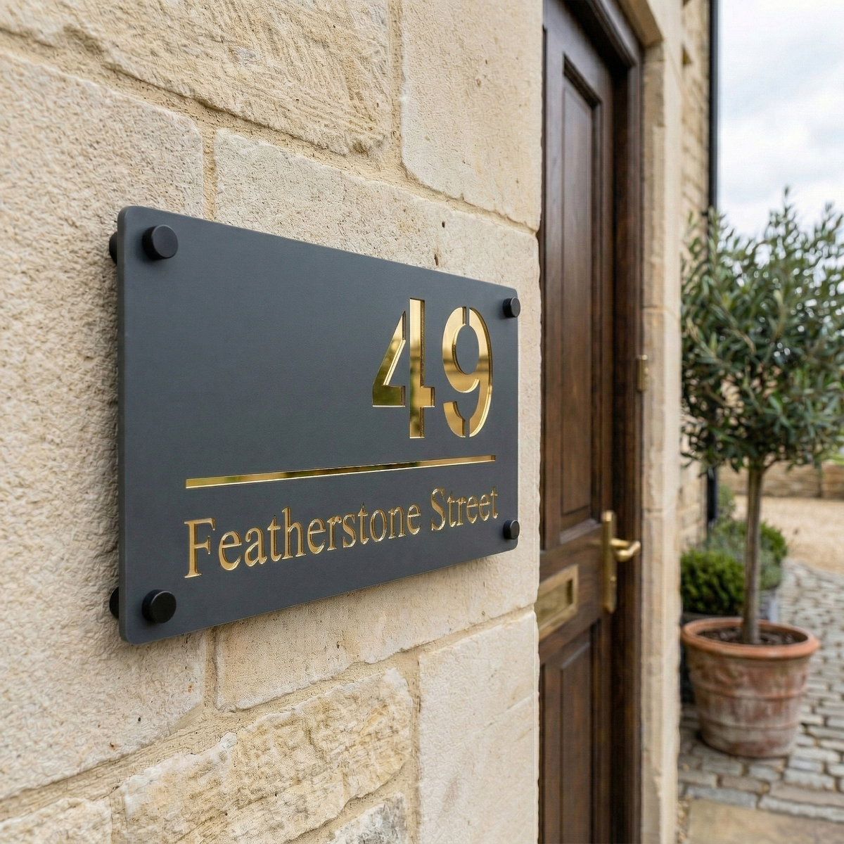 Personalised Mirror House Sign with Gold Laser Cut Text | 280mm x 160mm | Made from 3mm Grey Acrylic