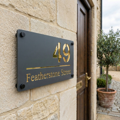 Personalised Mirror House Sign with Gold Laser Cut Text | 280mm x 160mm | Made from 3mm Grey Acrylic