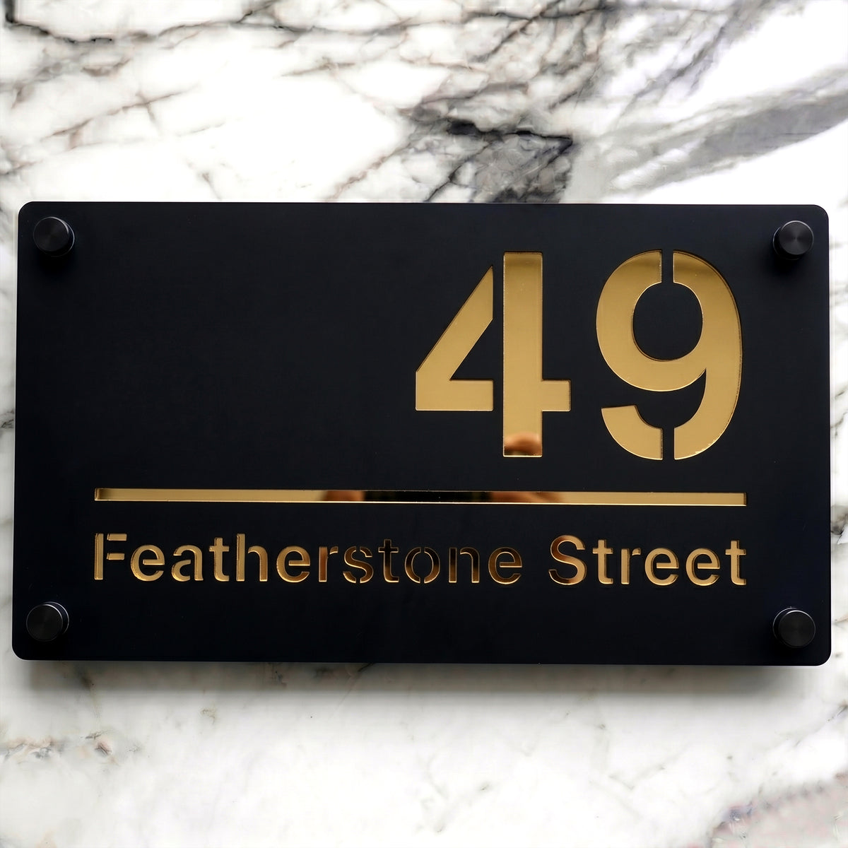 Personalised Mirror House Sign with Gold Laser Cut Text | 280mm x 160mm | Made from 3mm Black Acrylic