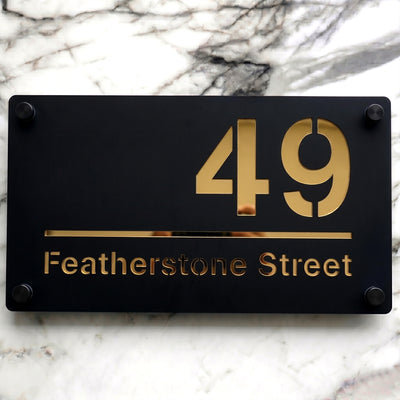 Personalised Mirror House Sign with Gold Laser Cut Text | 280mm x 160mm | Made from 3mm Black Acrylic