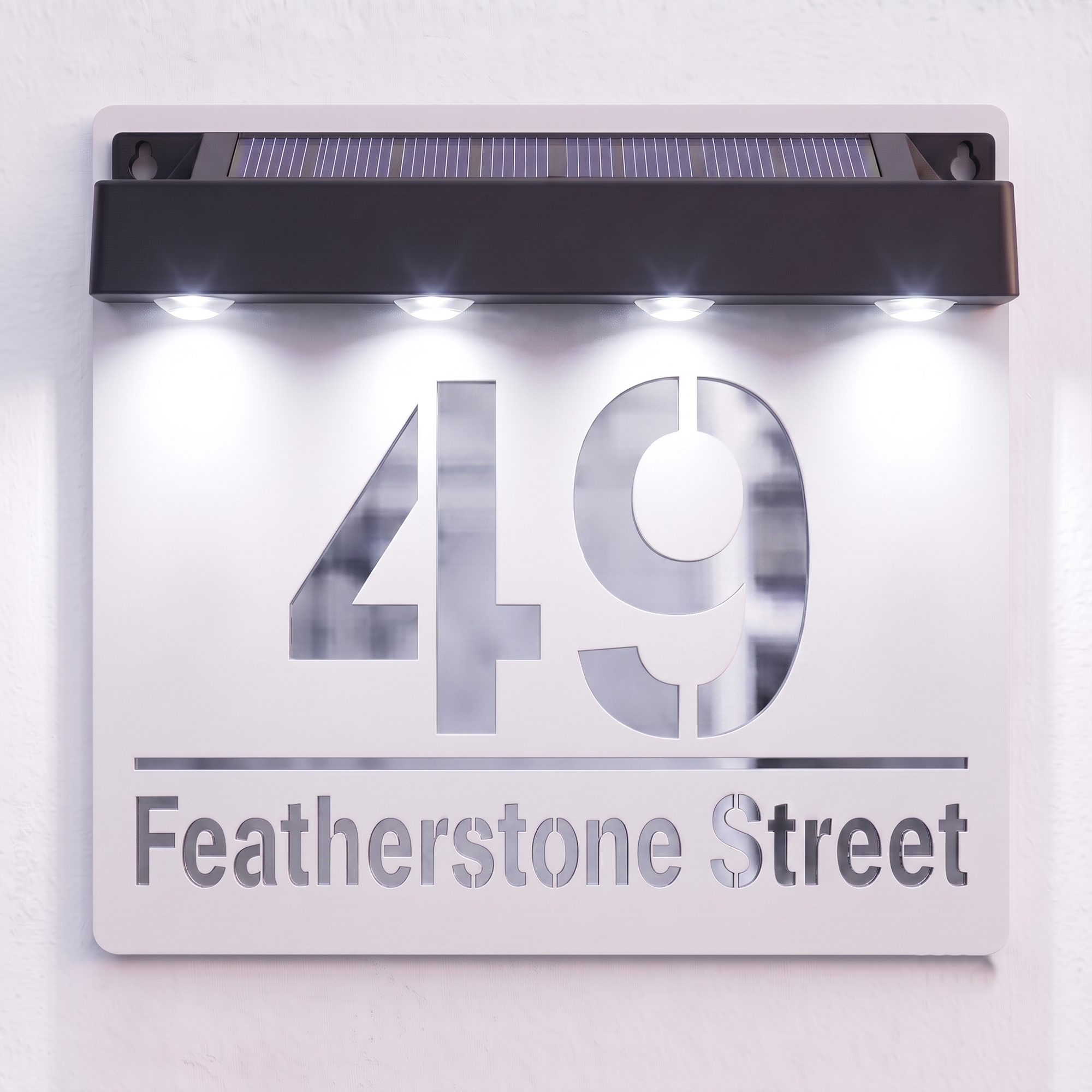 Personalised Solar Powered House Sign | 180mm x 180mm | White with Mirror Text