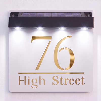 Personalised Solar Powered House Sign | 180mm x 180mm | White with Mirror Text