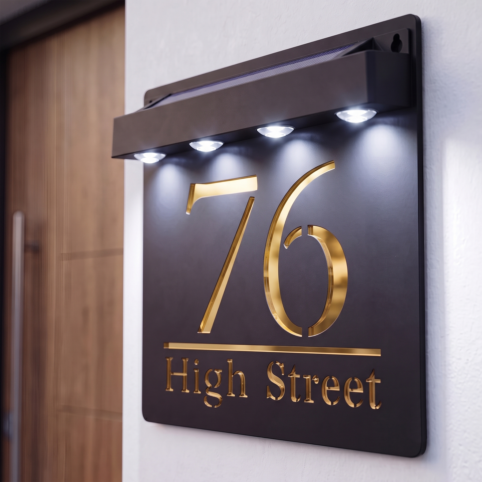 Personalised Solar Powered House Sign | 180mm x 180mm | Black with Mirror Text