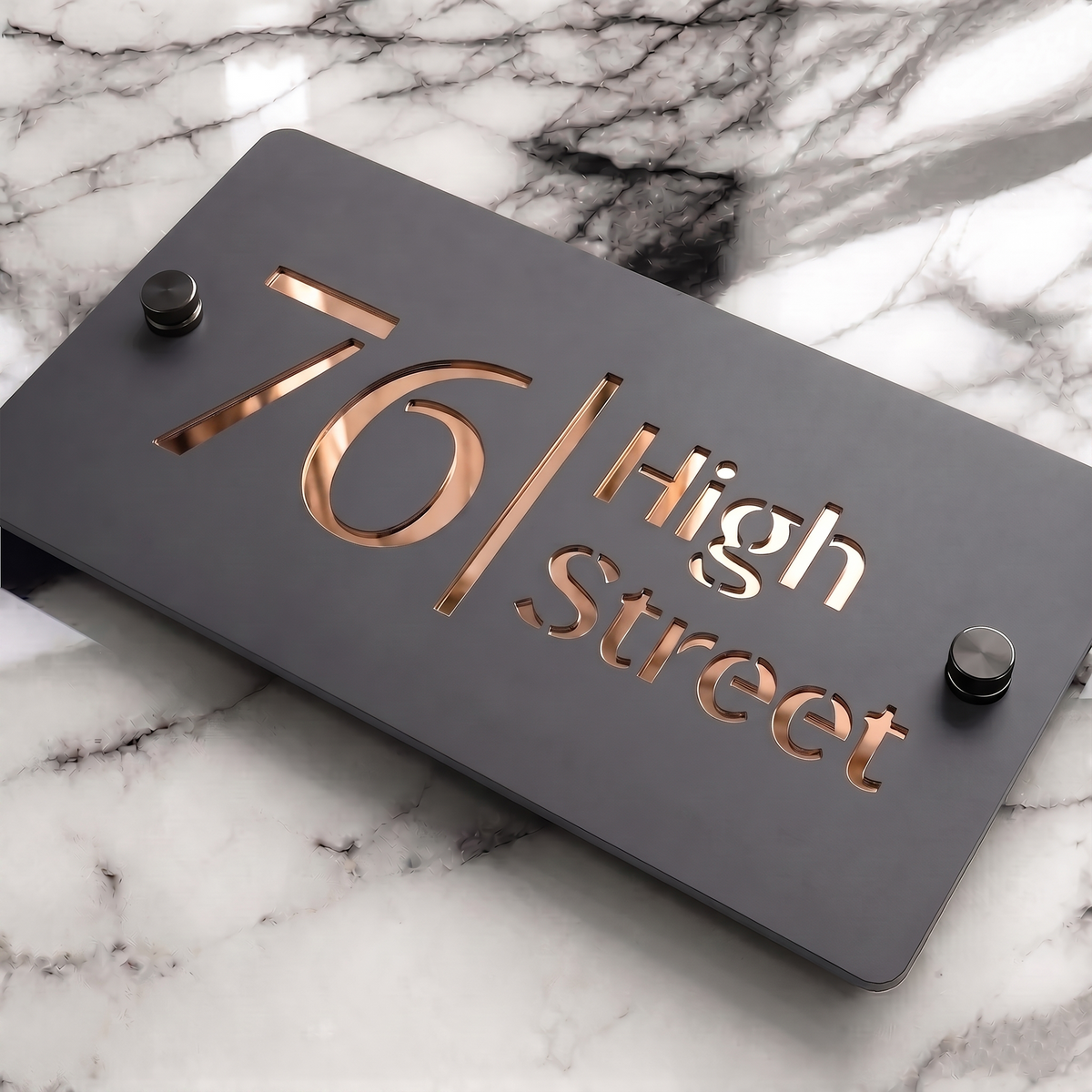 Personalised Mirror House Sign with Rose Gold Laser Cut Text | 200mm x 130mm | Made from 3mm Grey Acrylic