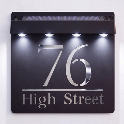 Personalised Solar Powered House Sign | 180mm x 180mm | Black with Mirror Text