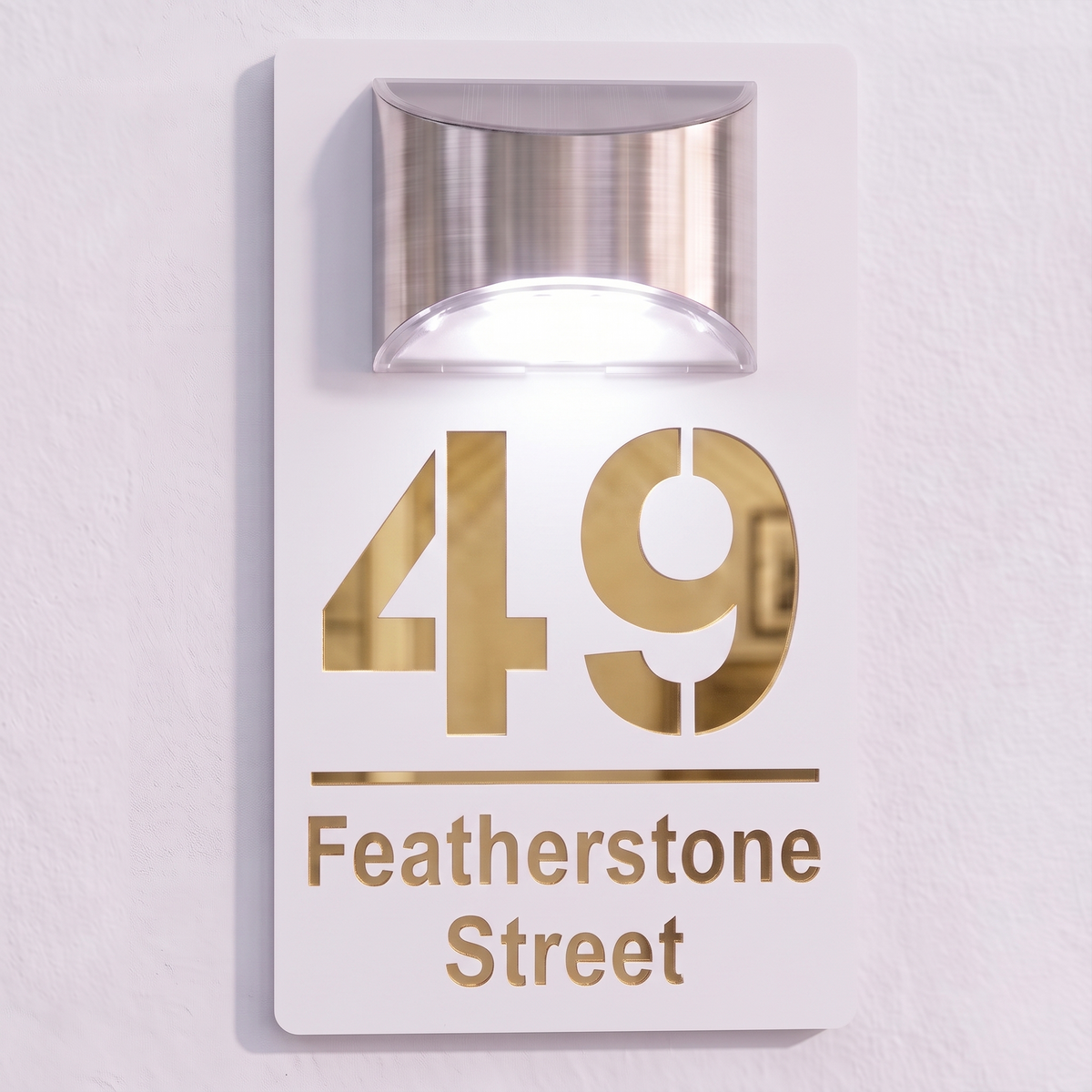 Personalised Solar Powered House Sign | 280mm x 160mm | White with Mirror Text