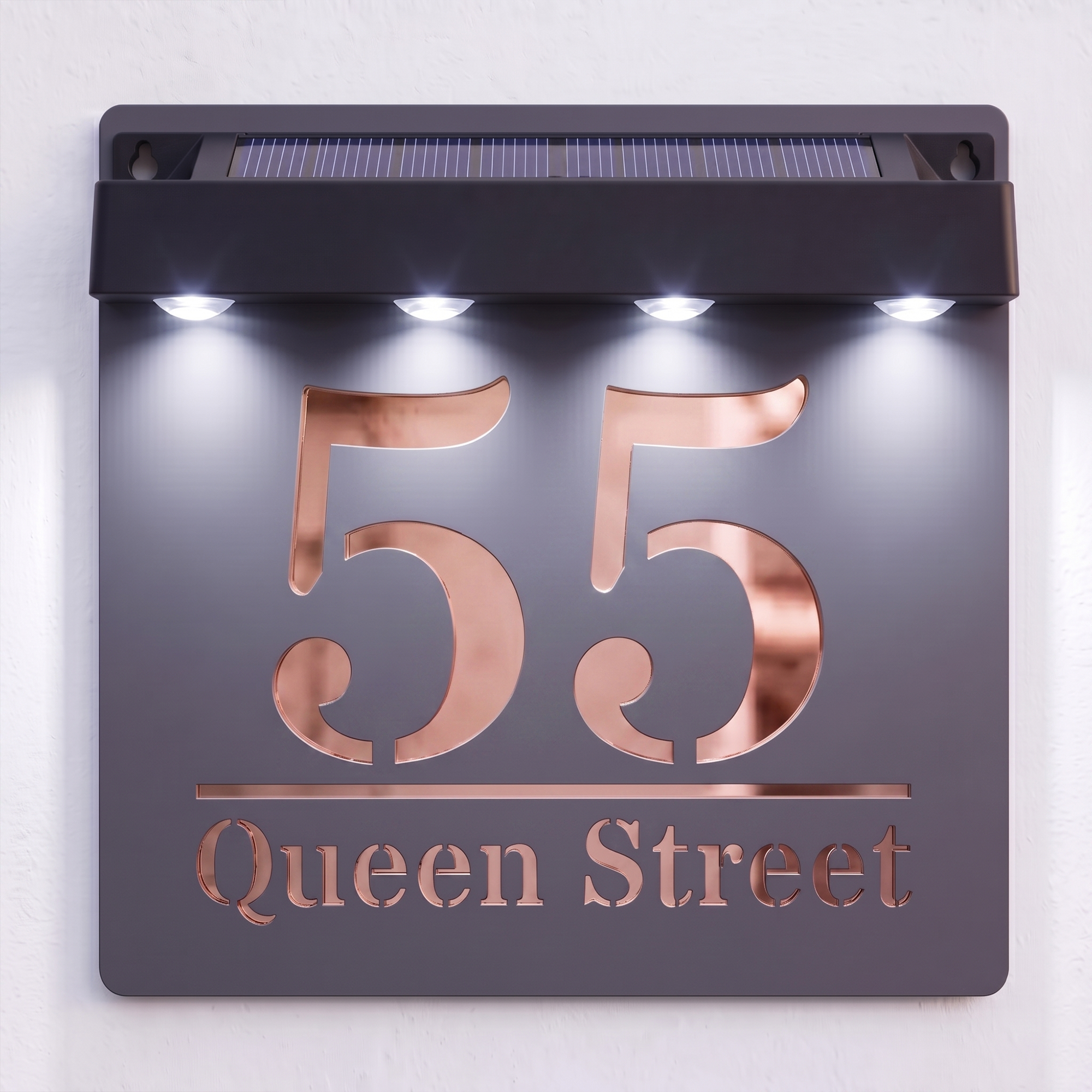 Personalised Solar Powered House Sign | 180mm x 180mm | Grey with Mirror Text