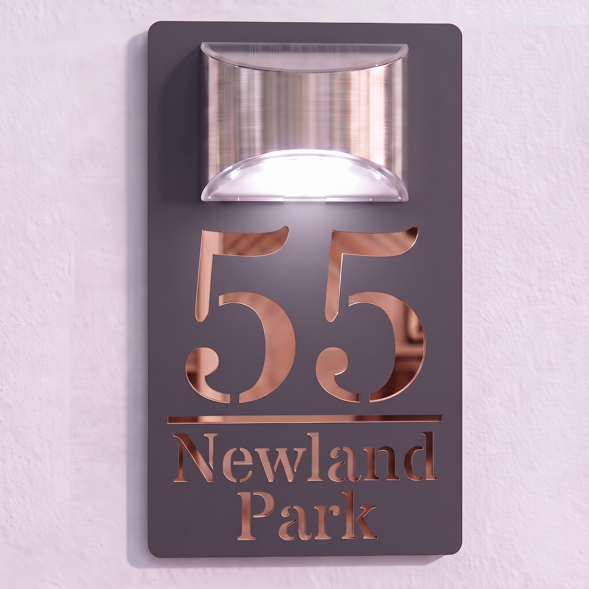 Personalised Solar Powered House Sign | 280mm x 160mm | Grey with Mirror Text