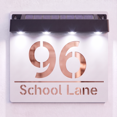 Personalised Solar Powered House Sign | 180mm x 180mm | White with Mirror Text