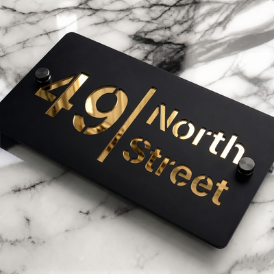 Personalised Mirror House Sign with Gold Laser Cut Text | 200mm x 130mm | Made from 3mm Black Acrylic