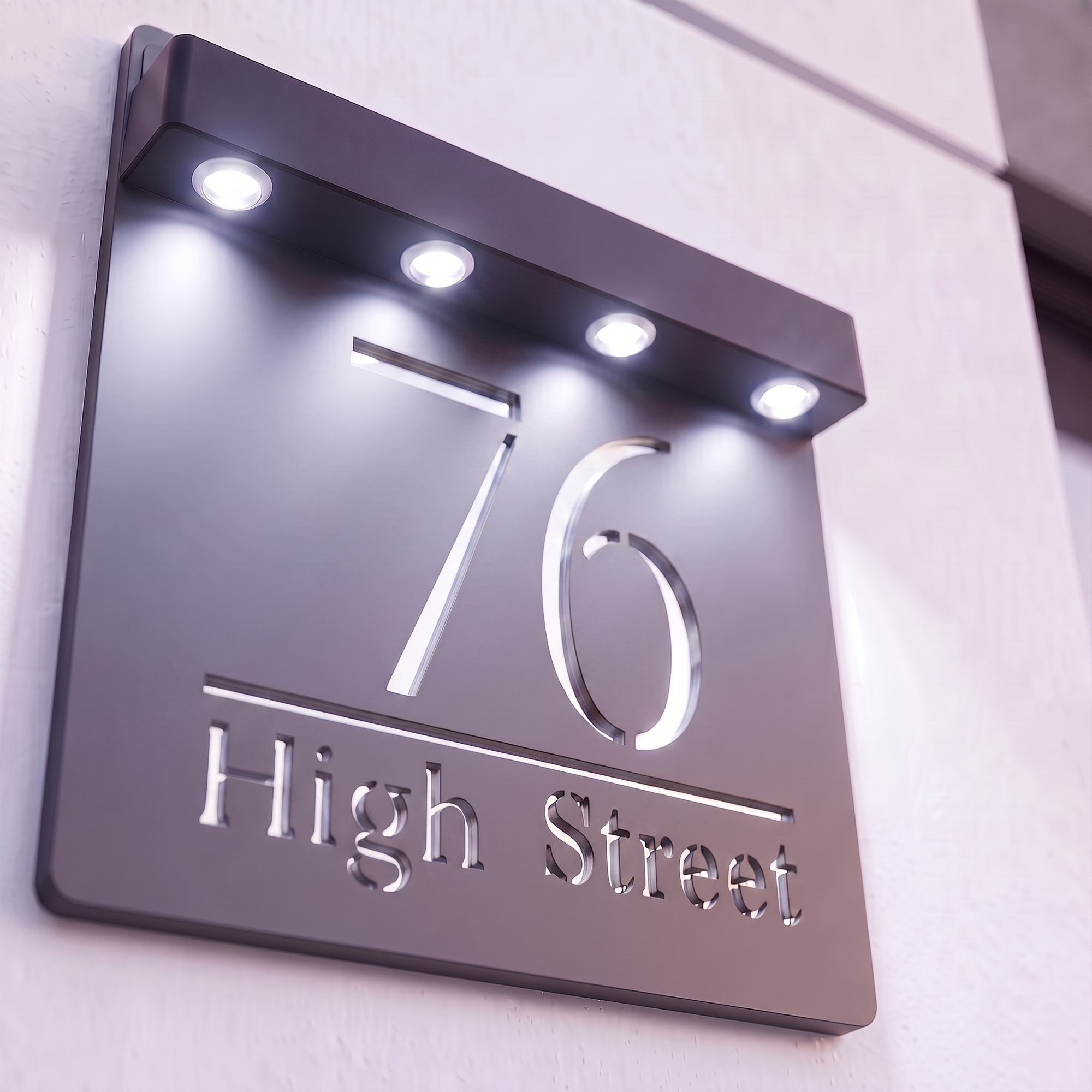 Personalised Solar Powered House Sign | 180mm x 180mm | Grey with Mirror Text