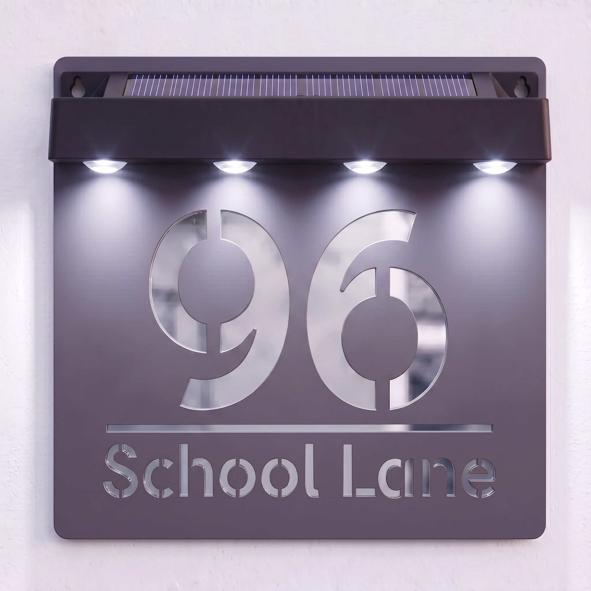 Personalised Solar Powered House Sign | 180mm x 180mm | Grey with Mirror Text
