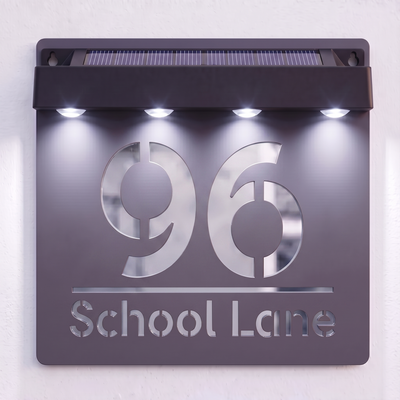 Personalised Solar Powered House Sign | 180mm x 180mm | Grey with Mirror Text