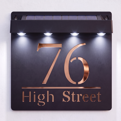 Personalised Solar Powered House Sign | 180mm x 180mm | Black with Mirror Text