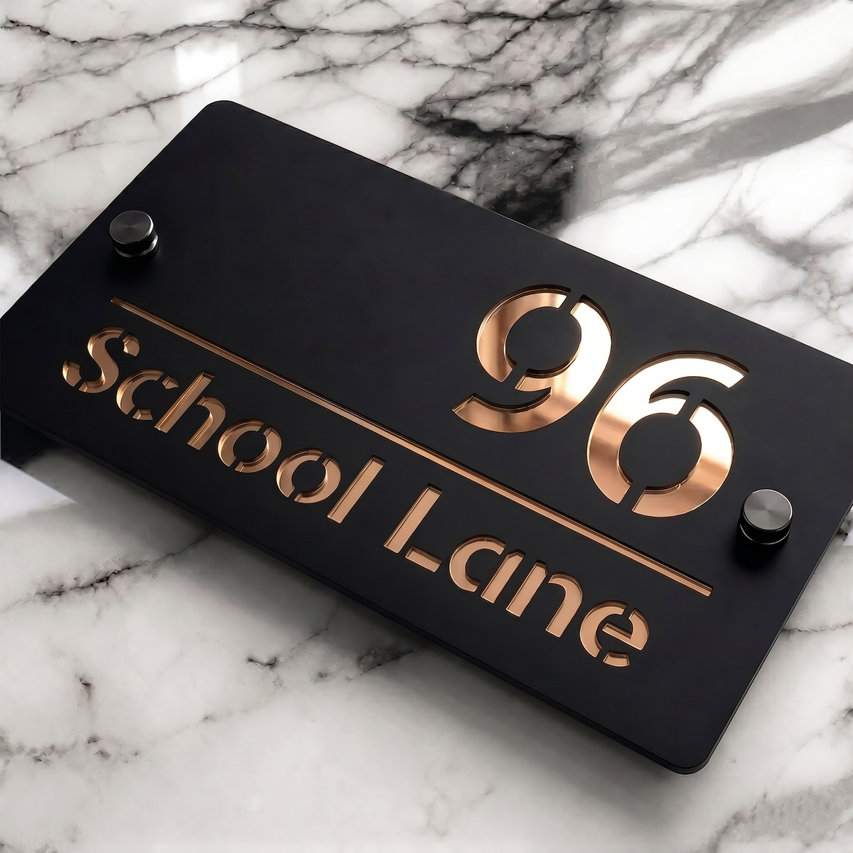 Personalised Mirror House Sign with Rose Gold Laser Cut Text | 200mm x 130mm | Made from 3mm Black Acrylic