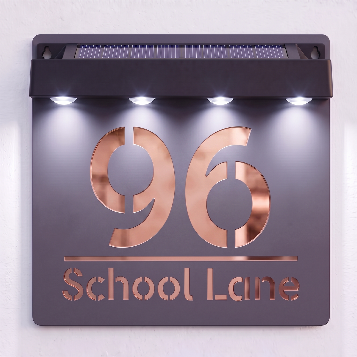 Personalised Solar Powered House Sign | 180mm x 180mm | Grey with Mirror Text