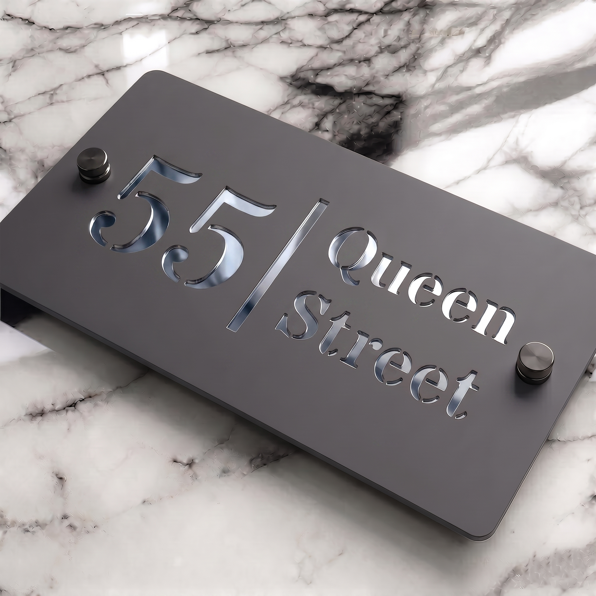 Personalised Mirror House Sign with Silver Laser Cut Text | 200mm x 130mm | Made from 3mm Grey Acrylic