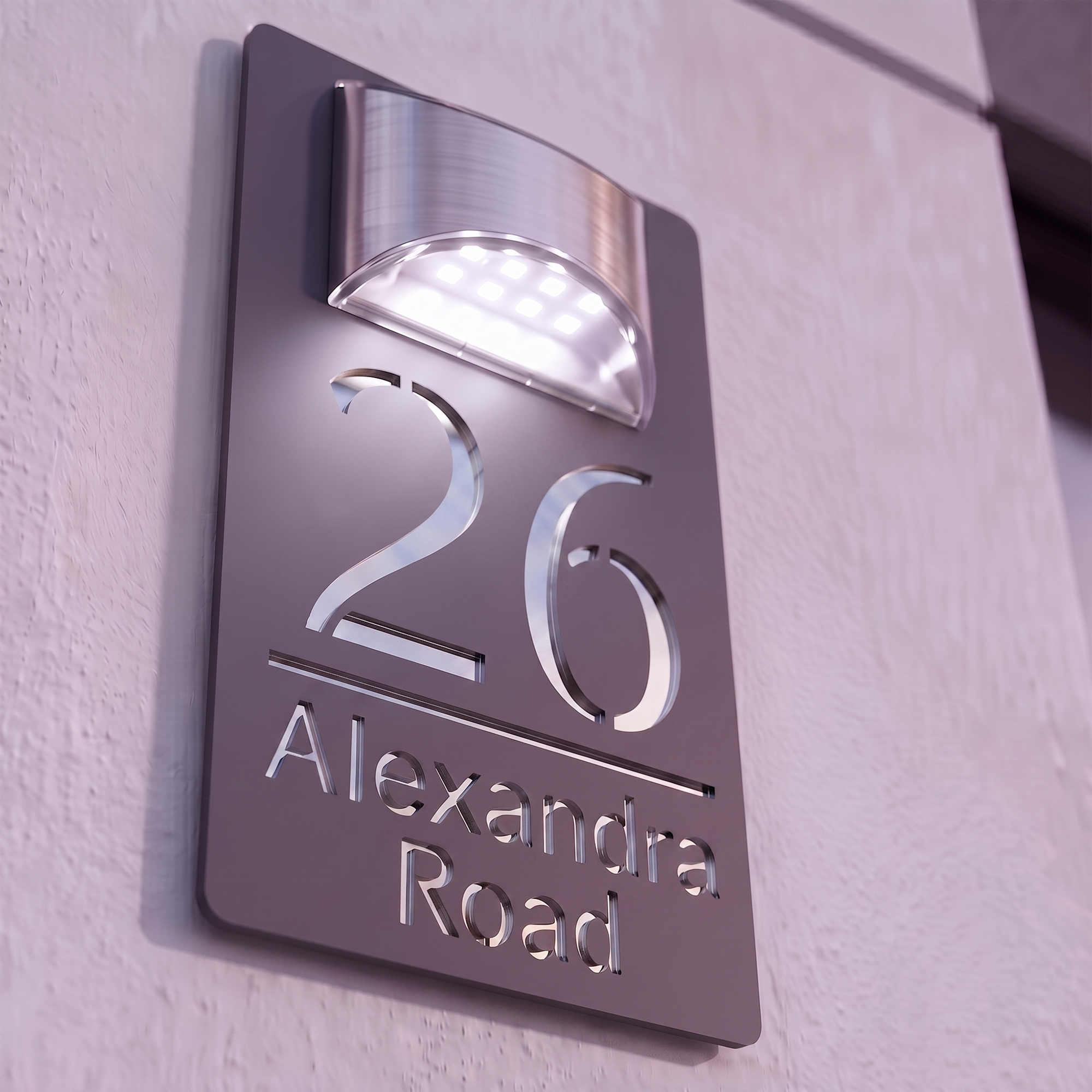 Personalised Solar Powered House Sign | 280mm x 160mm | Grey with Mirror Text
