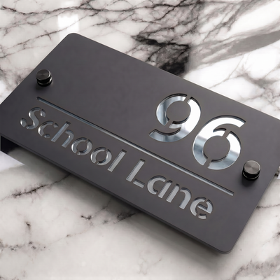 Personalised Mirror House Sign with Silver Laser Cut Text | 200mm x 130mm | Made from 3mm Grey Acrylic