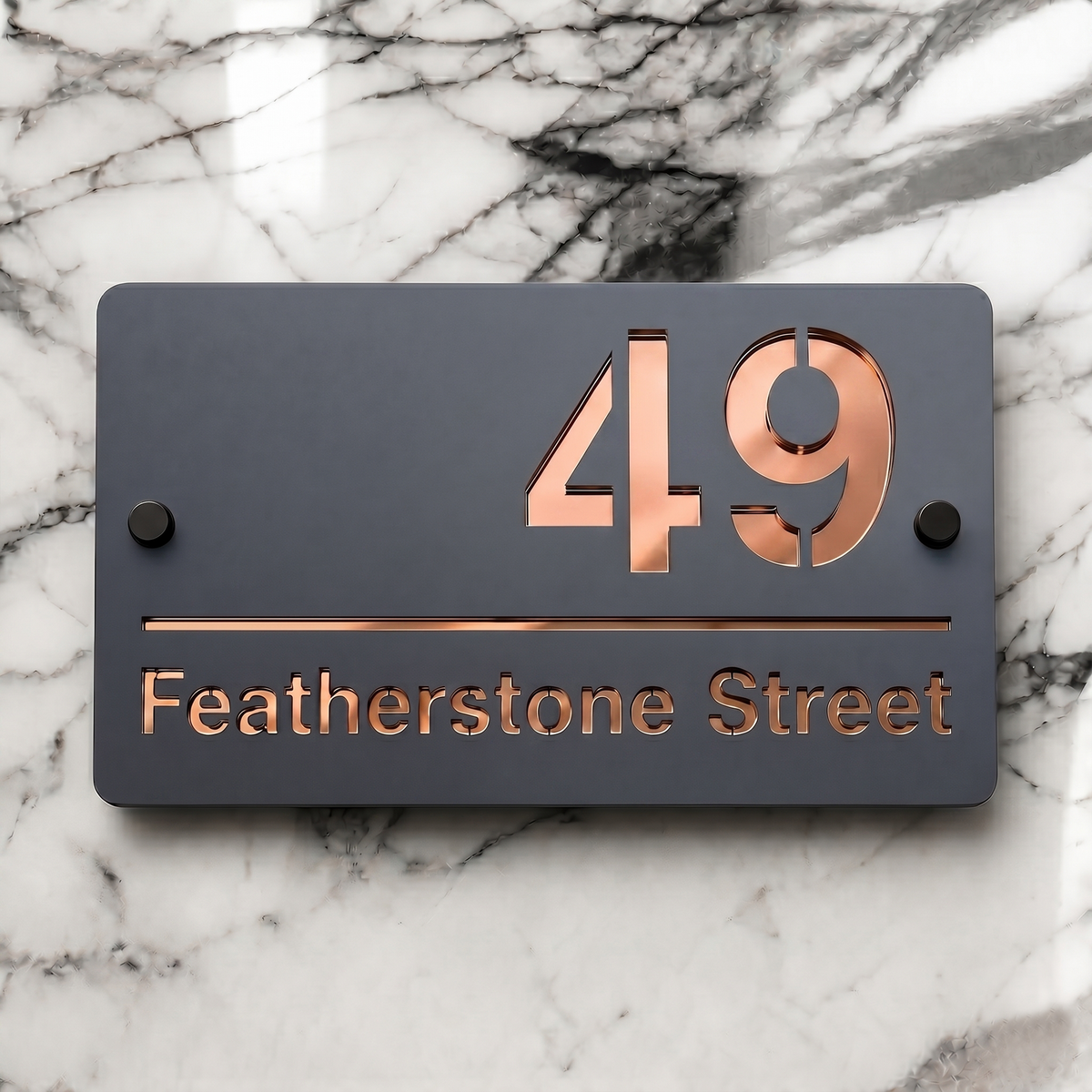 Personalised Mirror House Sign with Rose Gold Laser Cut Text | 200mm x 130mm | Made from 3mm Grey Acrylic