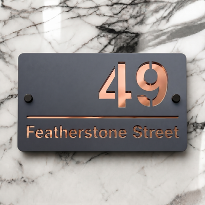 Personalised Mirror House Sign with Rose Gold Laser Cut Text | 200mm x 130mm | Made from 3mm Grey Acrylic
