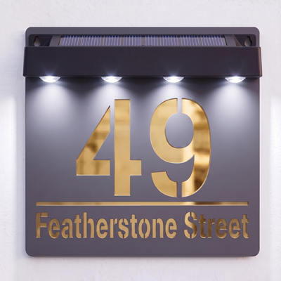 Personalised Solar Powered House Sign | 180mm x 180mm | Grey with Mirror Text