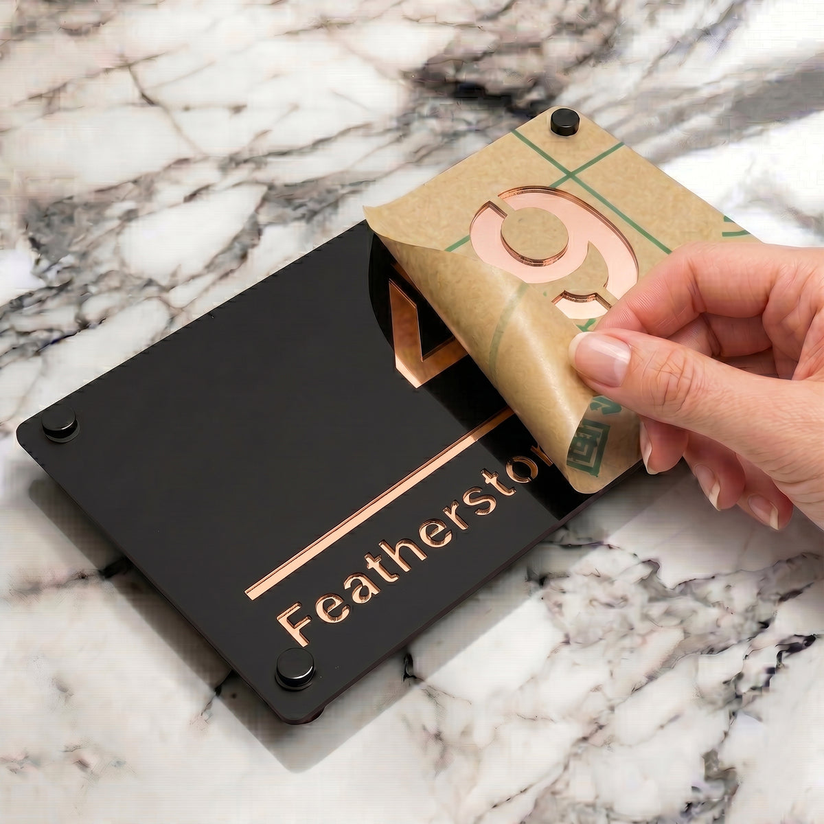 Personalised Mirror House Sign with Rose Gold Laser Cut Text | 280mm x 160mm | Made from 3mm Black Acrylic