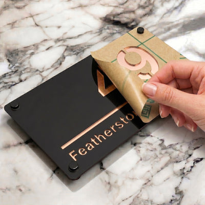 Personalised Mirror House Sign with Rose Gold Laser Cut Text | 280mm x 160mm | Made from 3mm Black Acrylic