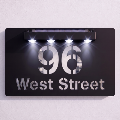 Personalised Solar Powered House Sign | 300mm x 170mm | Black with Mirror Text