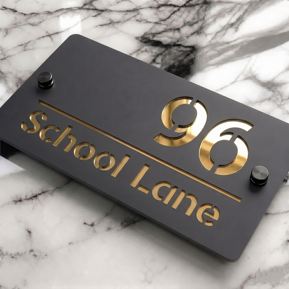 Personalised Mirror House Sign with Gold Laser Cut Text | 200mm x 130mm | Made from 3mm Grey Acrylic