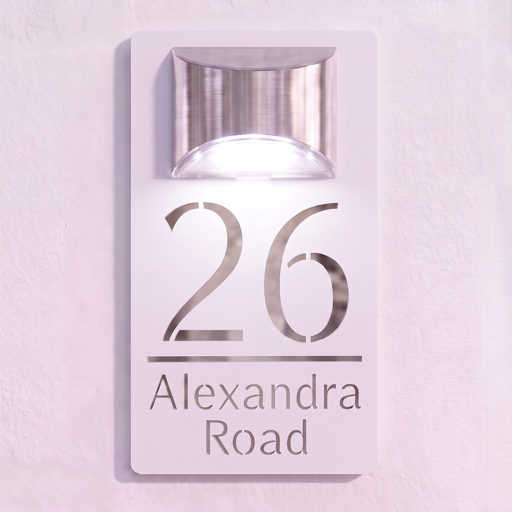 Personalised Solar Powered House Sign | 280mm x 160mm | White with Mirror Text