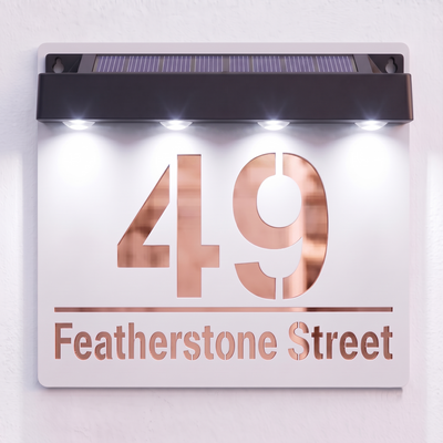 Personalised Solar Powered House Sign | 180mm x 180mm | White with Mirror Text