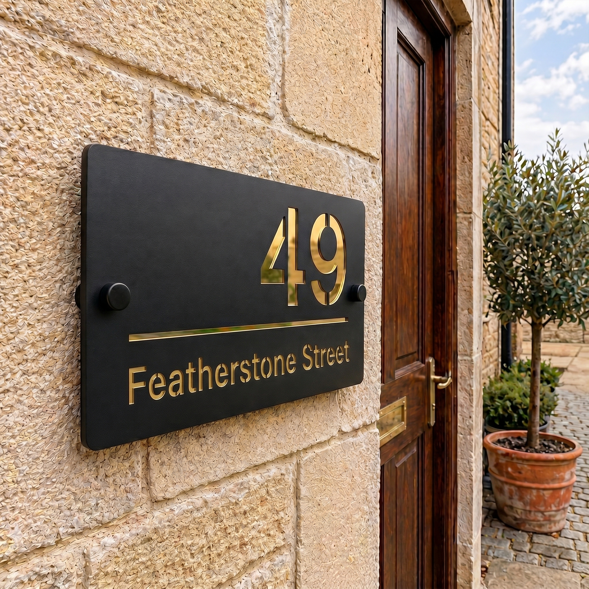 Personalised Mirror House Sign with Gold Laser Cut Text | 200mm x 130mm | Made from 3mm Black Acrylic