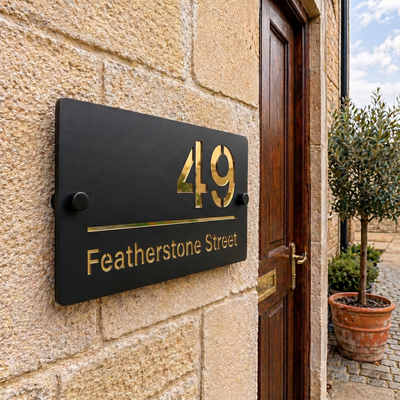 Personalised Mirror House Sign with Gold Laser Cut Text | 200mm x 130mm | Made from 3mm Black Acrylic