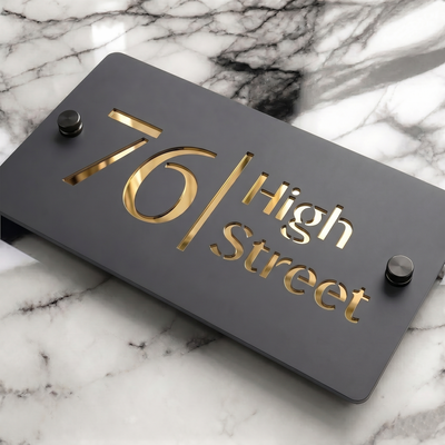 Personalised Mirror House Sign with Gold Laser Cut Text | 200mm x 130mm | Made from 3mm Grey Acrylic