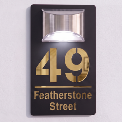 Personalised Solar Powered House Sign | 280mm x 160mm | Black with Mirror Text