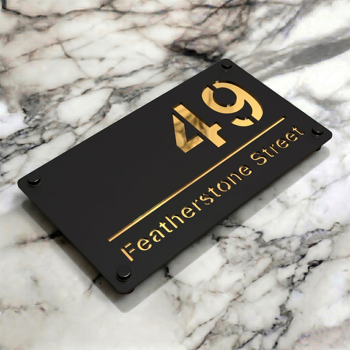 Personalised Mirror House Sign with Gold Laser Cut Text | 280mm x 160mm | Made from 3mm Black Acrylic