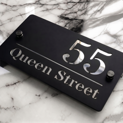 Personalised Mirror House Sign with Silver Laser Cut Text | 200mm x 130mm | Made from 3mm Black Acrylic