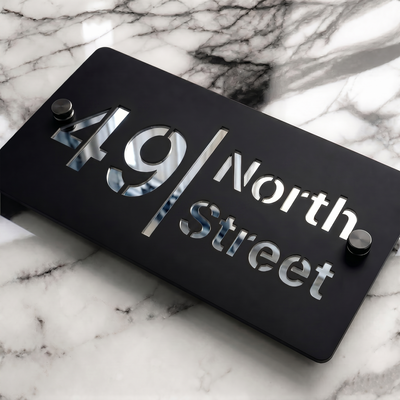 Personalised Mirror House Sign with Silver Laser Cut Text | 200mm x 130mm | Made from 3mm Black Acrylic