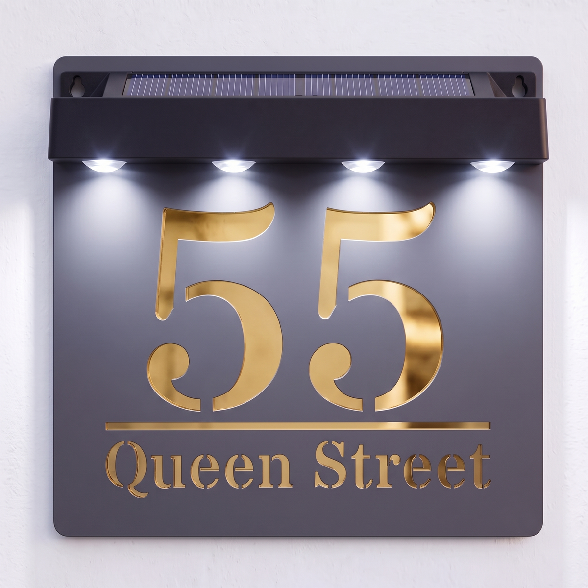Personalised Solar Powered House Sign | 180mm x 180mm | Grey with Mirror Text