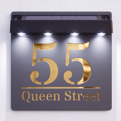 Personalised Solar Powered House Sign | 180mm x 180mm | Grey with Mirror Text