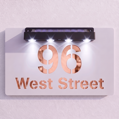 Personalised Solar Powered House Sign | 300mm x 170mm | White with Mirror Text