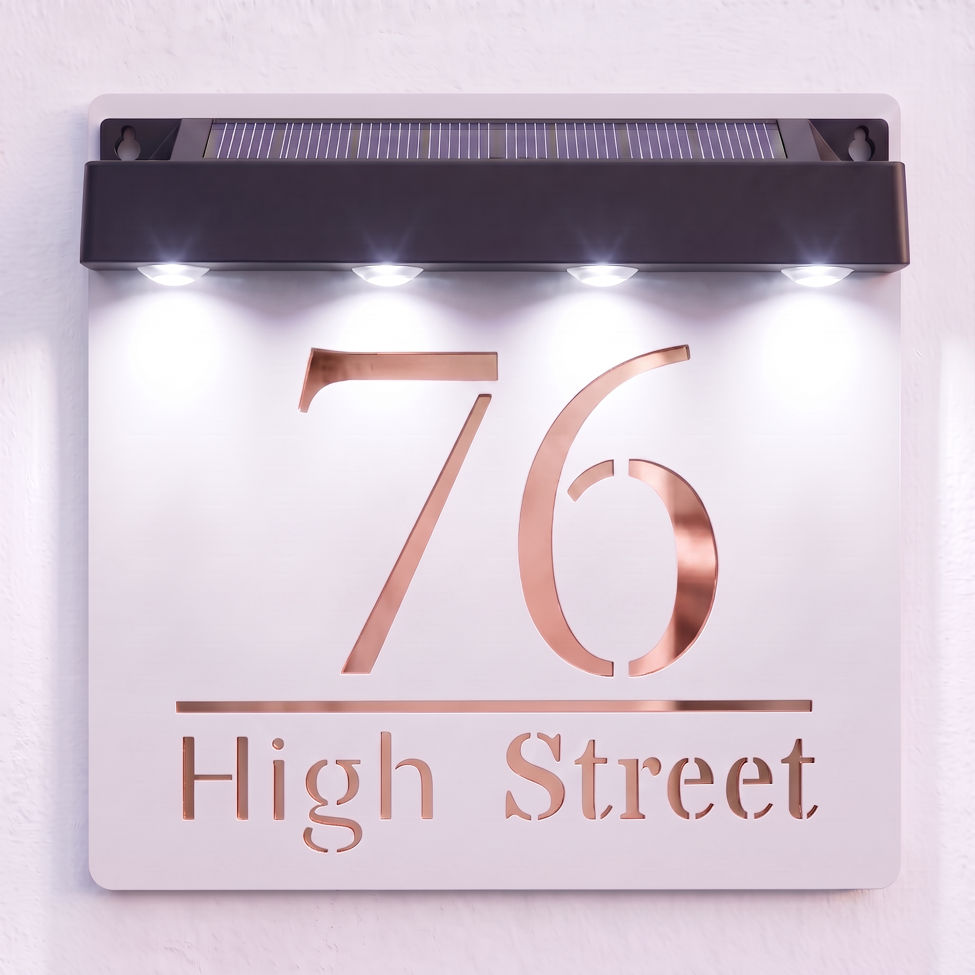 Personalised Solar Powered House Sign | 180mm x 180mm | White with Mirror Text