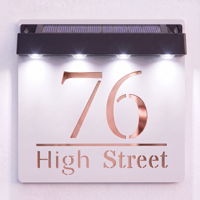 Personalised Solar Powered House Sign | 180mm x 180mm | White with Mirror Text