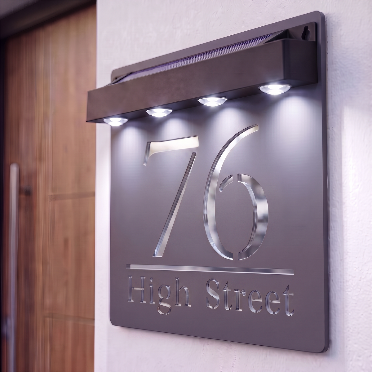 Personalised Solar Powered House Sign | 180mm x 180mm | Grey with Mirror Text