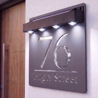 Personalised Solar Powered House Sign | 180mm x 180mm | Grey with Mirror Text