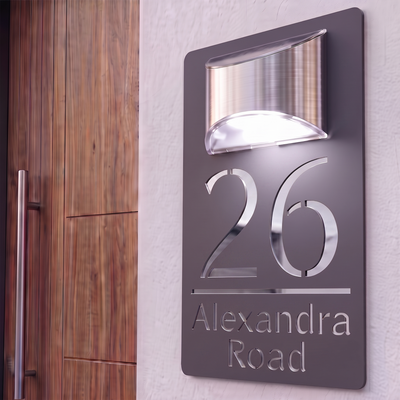 Personalised Solar Powered House Sign | 280mm x 160mm | Grey with Mirror Text